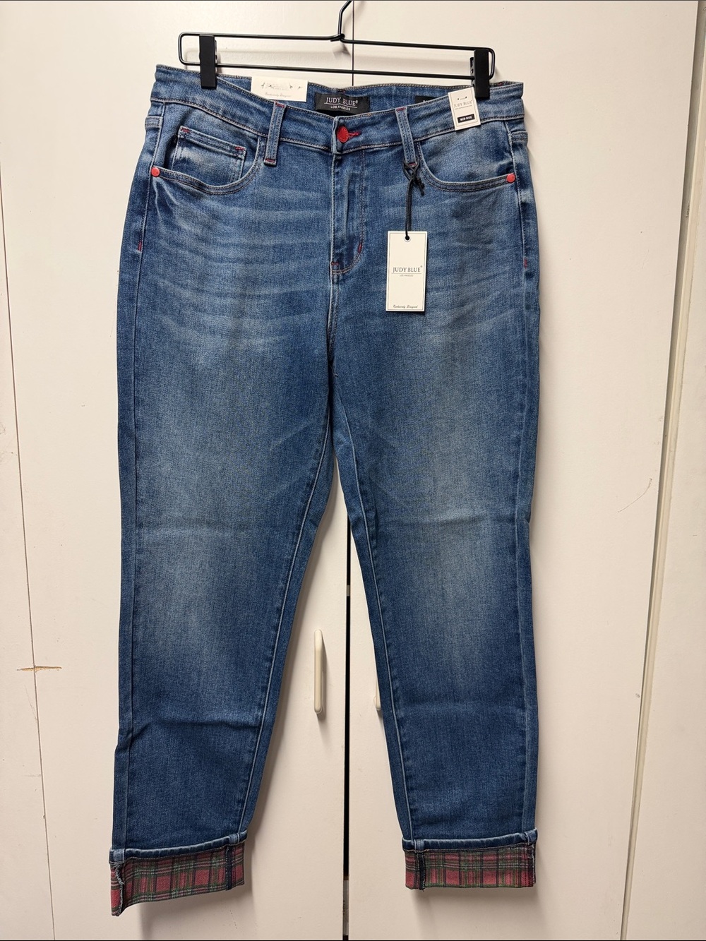 Judy Blue Medium Blue Boyfriend Jeans with Red Accents
